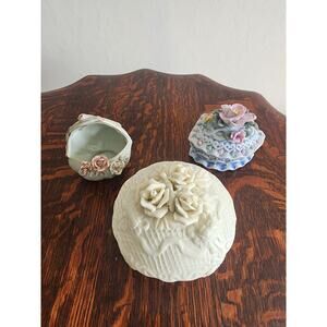 Lot of 3 Vintage Porcelain Trinket Boxes with Floral Rose Designs - Hand Painted